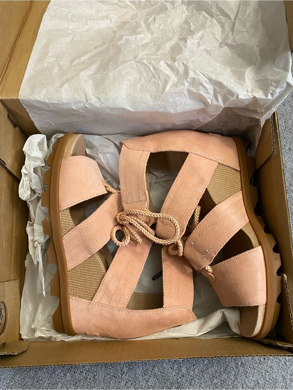 Sorel Pink Suede Lace-Up Wedge Sandals
